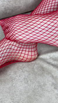 Imagine That This Toy Dildo Is Your Dick, Girl Jerks off Toy Dick with Her Hands and Feet in Red Stockings