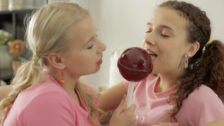 Adult Deluxe: Pigtailed Lesbians Share a Lollipop &amp; Fuck