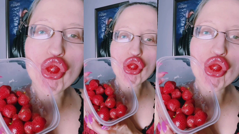 FinDom Goaldigger: Asmr strawberry eating - asmr, gafas, gianess, lápiz labial, labios grandes,...