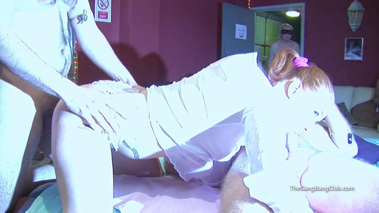 The Gangbang Club: Redhead Ruby pleasing 3 older men