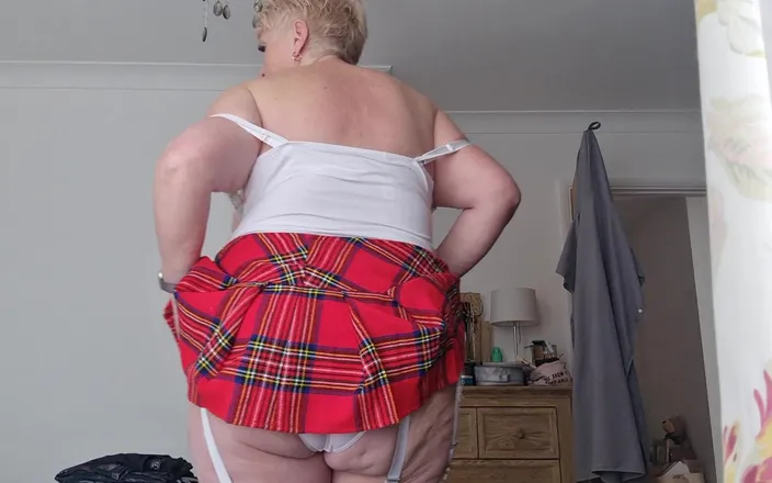 Uk Joolz: Short mini tartan skirt, white panties, stockings &amp; heels.