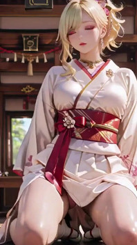 Blondynka Kimono Girl's Shrine Secret! Klęcząc pod Bramą Torii w beżowym zmodyfikowanej kimono