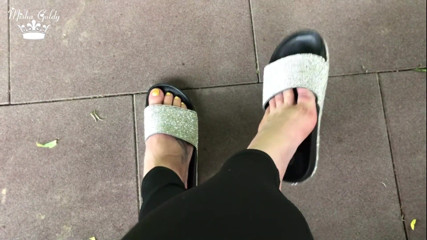 Goddess Misha Goldy: My new shiny slippers dangling everywere outdoor