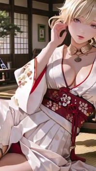 Schrein-geheimnis des blonden kimono-mädchens! Knien unter dem Torii-Tor in einem mit Bege modifizierten Kimono