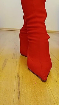 Crossdresser Walks in Sexy Red Suede Pointed Toe High Heels Boots