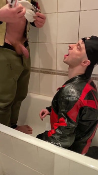 Big Man in Leather Jacket Pissing on Leather Moto Biker