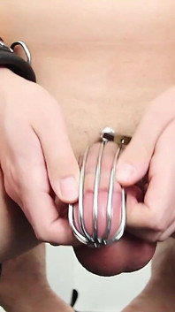Chastity Slave Playing with Locked Cock