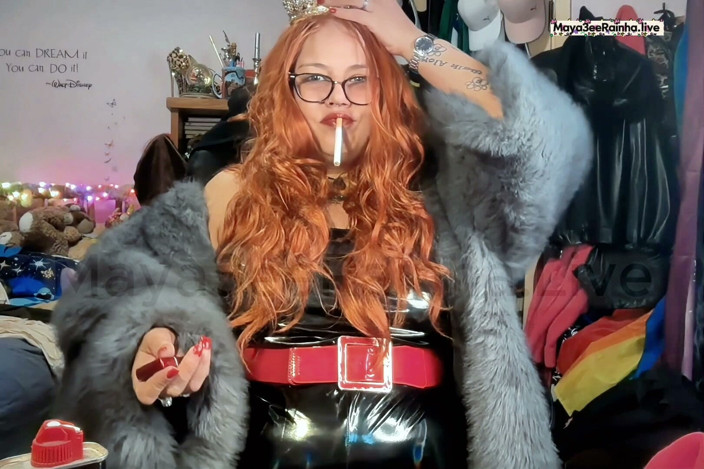 Goddess Maya3ee Rainha: Smoking Brazilian Saggy Tits Redhead Goddess in Fur and Latex -...