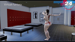 Virtual fantasy studio: 大美女在一个pantie的更衣室里脱衣，背景。