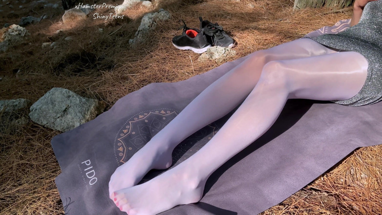 Shiny teens: White oil shiny pantyhose in mountain forest