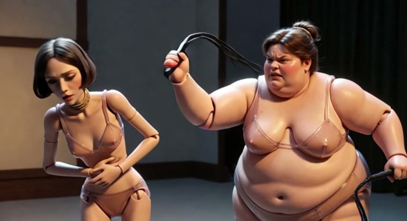YOUR BEST FANTASY: Fat Mistress Whips Bound Skinny Slave - Body Contrast Humiliation