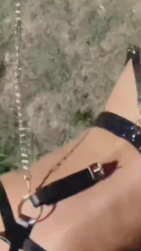 Me- Teen Girl Hardcore Straps on Guy with Huge Dildo with Moans on a Leash Outdoors, Pegging