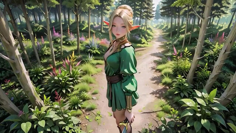 Seraphina Vale: 森林精灵女王！她跪在斑驳的阳光下，指尖跟踪工作人员，因为她湿了。