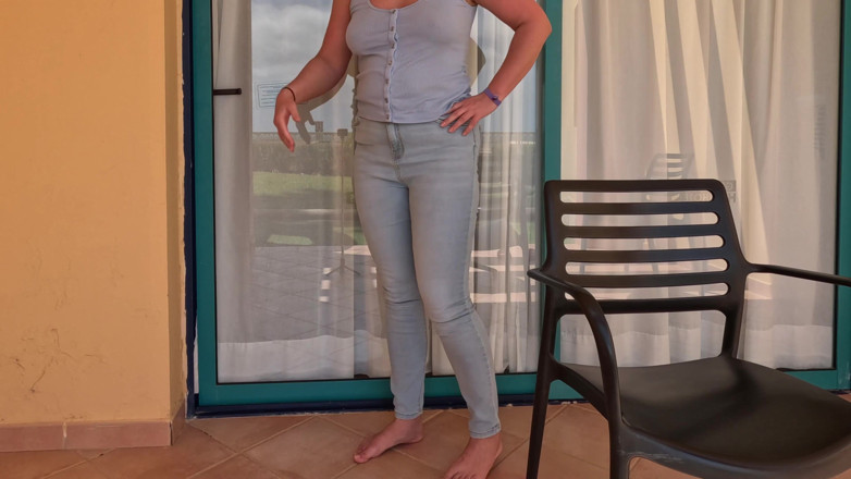 Emma Voyeur: Balcony Full Bladder - Locked and Wetting Jeans
