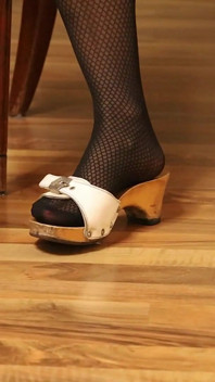 Retro Dangling in Patterned Nylons & Classic Wooden Mules