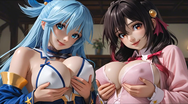 Iani media: Sfw Aqua și Yunyun din Konosuba Soft Show ating și sărutări lesbiene
