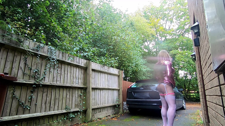 Kelly cd: Kelly cd in pink PVC dress white stockings panties heels