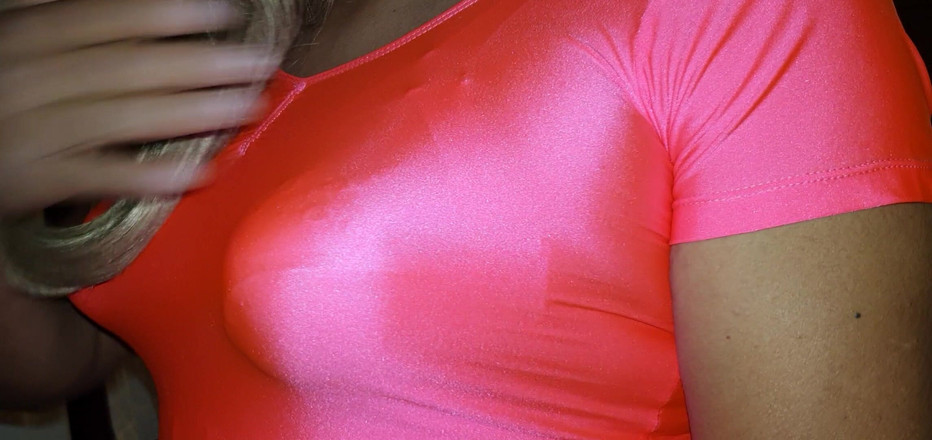 Sexy shinny clothes: Super Shinny Pink Top and Pointy Boobs, 90s Workout Clothes
