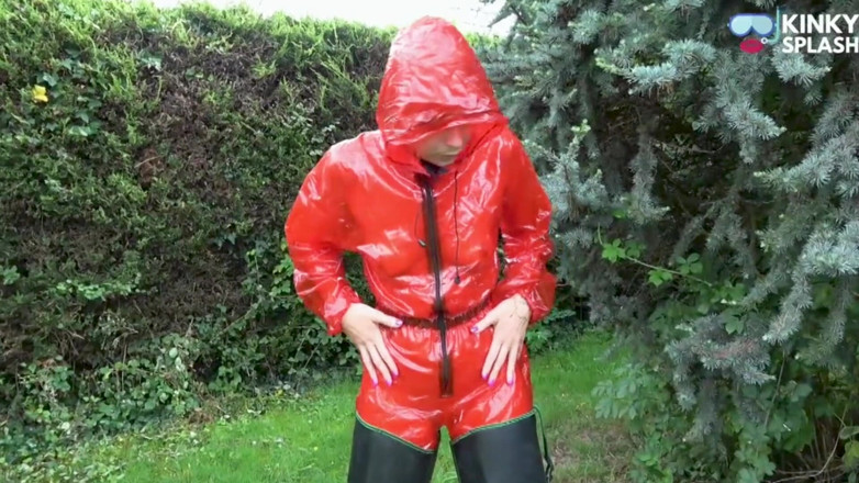 UKCuteGirl Lucy Lauren: Shiny Pvc Rain Suit Garden Tease