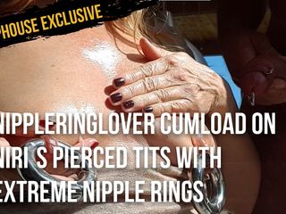 Nipplering lover: Ejaculação nos mamilos nos peitos perfurados de Niri com anéis...