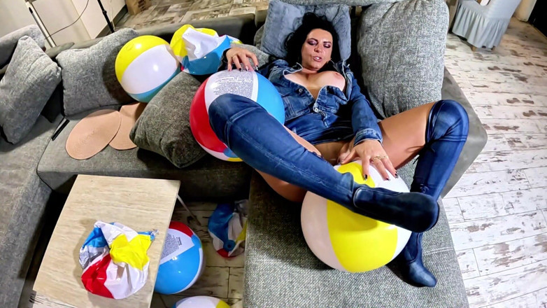 MilfyCalla: Denim Beach Ball Humiliation: Deepthroat, Popping, Doggy and Double Cum