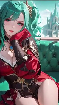 The Red-clad Blade's Private Tease! Green-haired Warrior in a Black-red Battle Robe, Commanding yet Shy on the Floating Terrace.