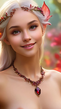 Freesia'yı tutan gülümseyen çıplak kadın, garnet-crimson diamond jewelry içinde süslü - zarif ai slayt gösterisi