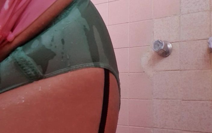 Wet lingerie: Getting Wet in Licra Dress and Nylon Lingerie