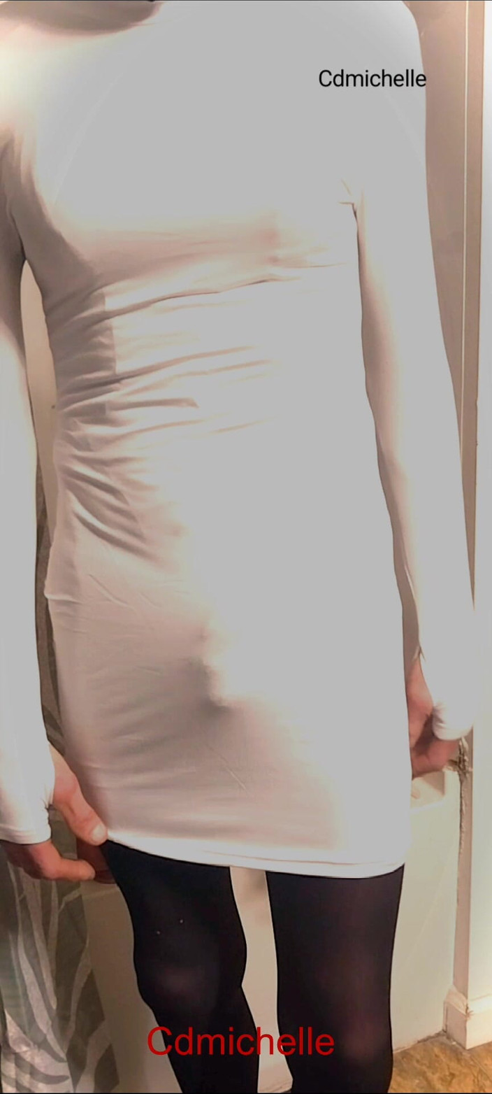 Feeling sexy today crosdressing: Cdmichelle Wearing Black Bodysuit Putting on White Dress