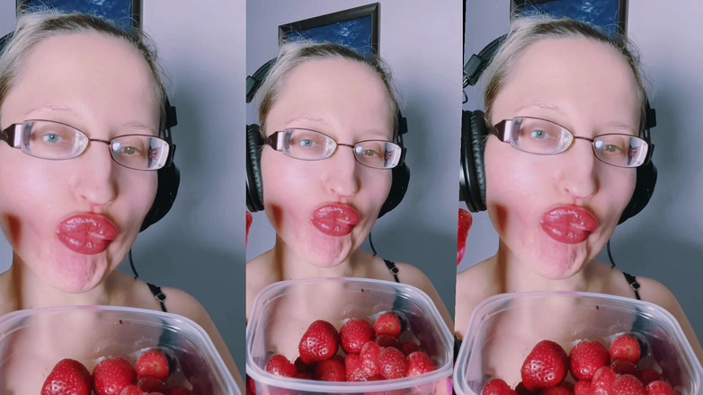 FinDom Goaldigger: Asmr makan stroberi - asmr, kacamata, kemih, lipstik, bibir besar, mough,...