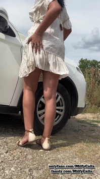 White Dress Tease by the Car Flirty Panty & Bra Reveal with an American MILF