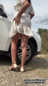 White Dress Tease by the Car Flirty Panty & Bra Reveal with an American MILF