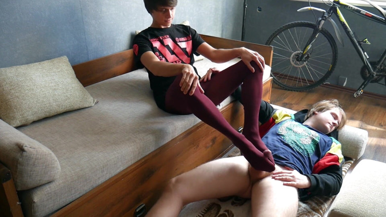Ethan Alex: Twink in red pantyhose - footjob and feet worship