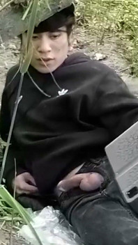 This Gay Twink Sticks His Cock Through His Fly to Jerk off Outside