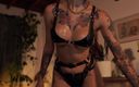 Effy Loweell studio: Vacker Instagram -modell klädd i en svart outfit oljor hennes bröst,...