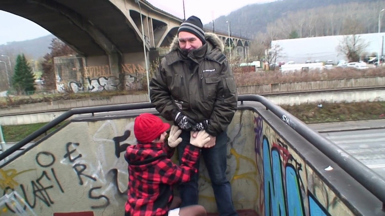 Nikky Thorne's Teen Club: Brunette fucking with old dude next to a railway