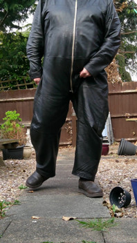 Leather Overalls in the Garden
