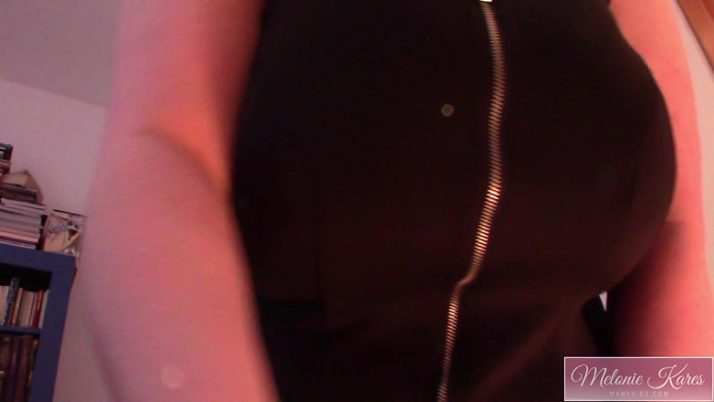 Melonie Kares: Huge breasts zipper dress strip show