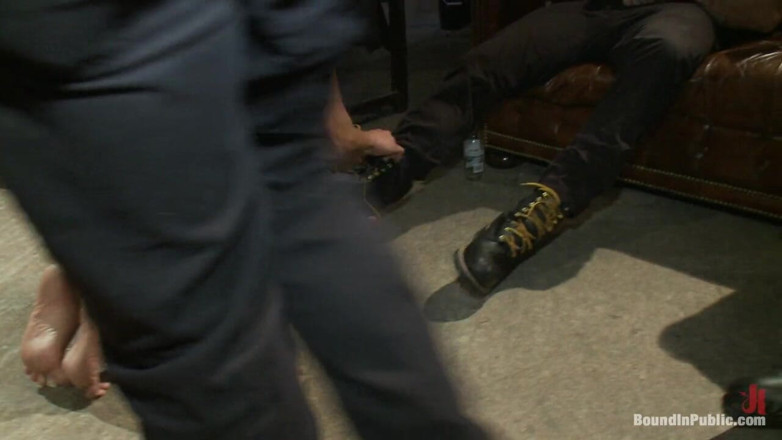 Bound in public: Blindfolded Stud Sucks Strangers Cocks at a Party