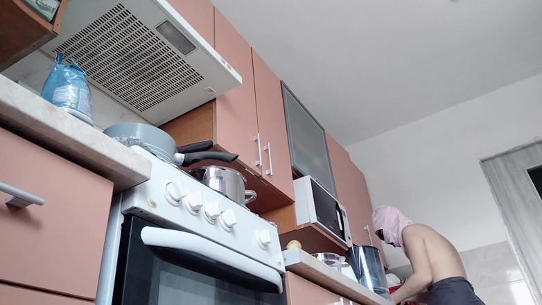 Mirsur: Sexy Naked Wife Preparing Food in the Kitchen. Hairy Brunette,...