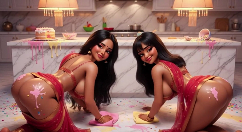 My night collection: Dos voluptuosas lesbianas indias limpiando el piso de la cocina...