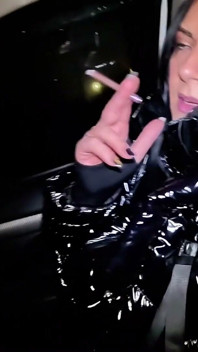 Night Pickup Downjacket MILF Fantasy. Smoking, Car Blowjob and Cum on Glossy Jacket
