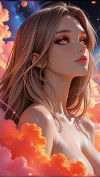 Kosmická neonová bohyně nahá krása Portrét s radiant cyber clouds Ai Art Slideshow