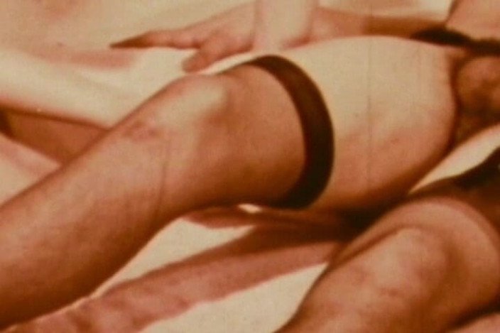 Japan Babe: Stockinged Blonde Worships Mustached Stud in Red-tinted Vintage Trio
