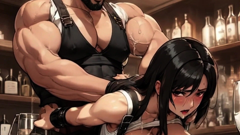 Spicy Toons: ミルクメイドの巨乳ティファがミッドガルの男性と女性に背の高いグラスを差し出す