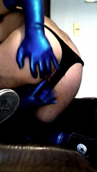 Latex Masked Sub in Stockings Fucks Its Ass with Huge Dildo