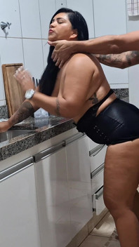Kitchen Creampie in Leather Skirt - Fill That Pussy