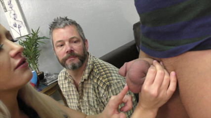 Femdom Sex: Chastetiy slave have to watch when other dude get handjob
