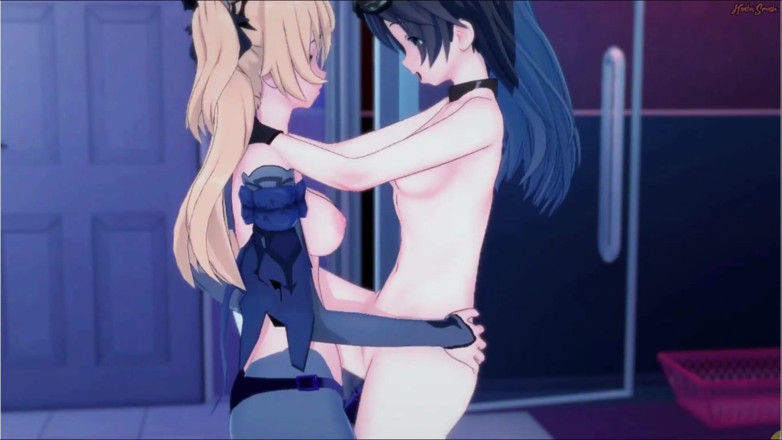 Hentai Smash: Genshin impact - Fiodont en Amber hebben lesbische seks, neuken elkaar...