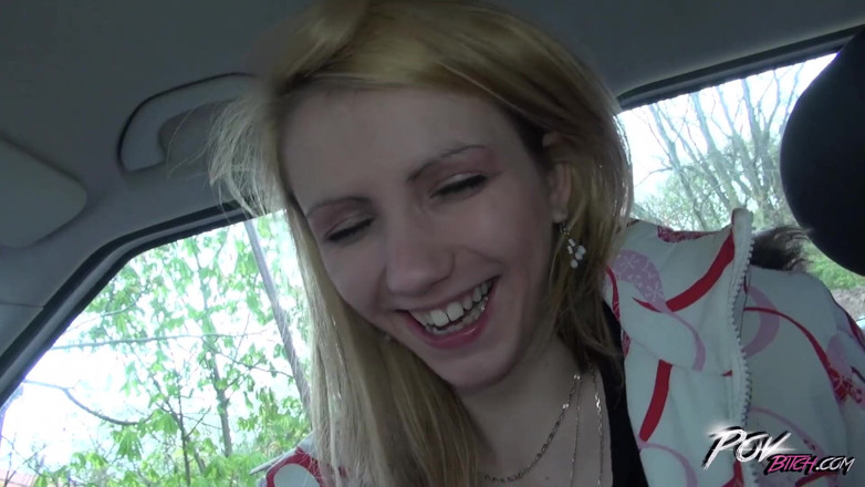 POV Bitch: Petite skinny blonde teen suck cock under steering wheel and...